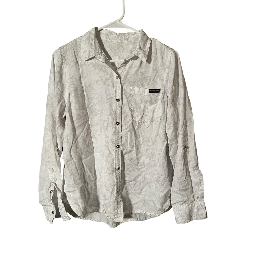 Calvin Klein Jeans Women's Button Down Shirt White Light Gray Snake Print Roll